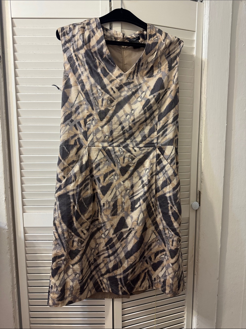 Ann Taylor Beige and Black Abstract Print Sleeveless V-Neck Midi Dress